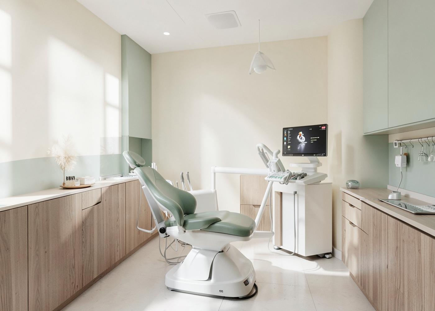 Bright dental treatment room with sage green chair and wood cabinetry